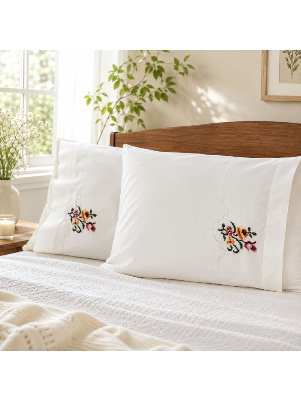 Heritage Hand-Embroidered Floral Pillowcases Standard Size 100% Cotton Vintage P